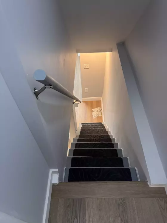 Stairway with dark carpeted treads and a wall-mounted handrail