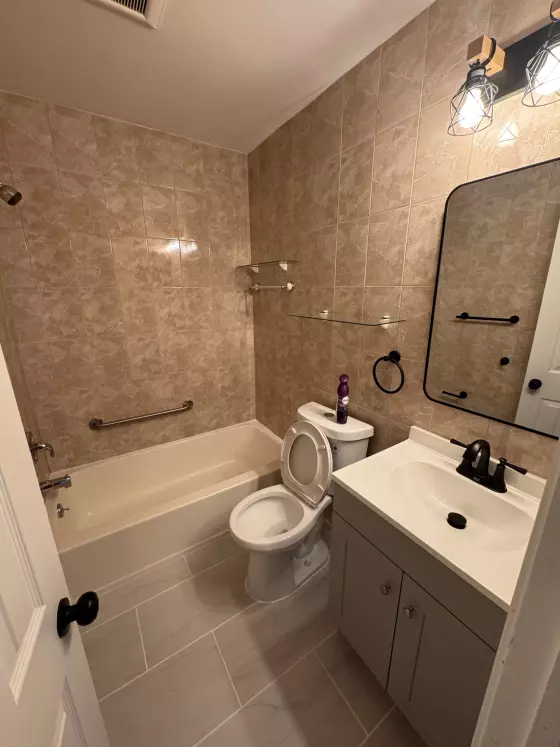 Vanity, toilet, grab bar and glass shelves in a bathroom