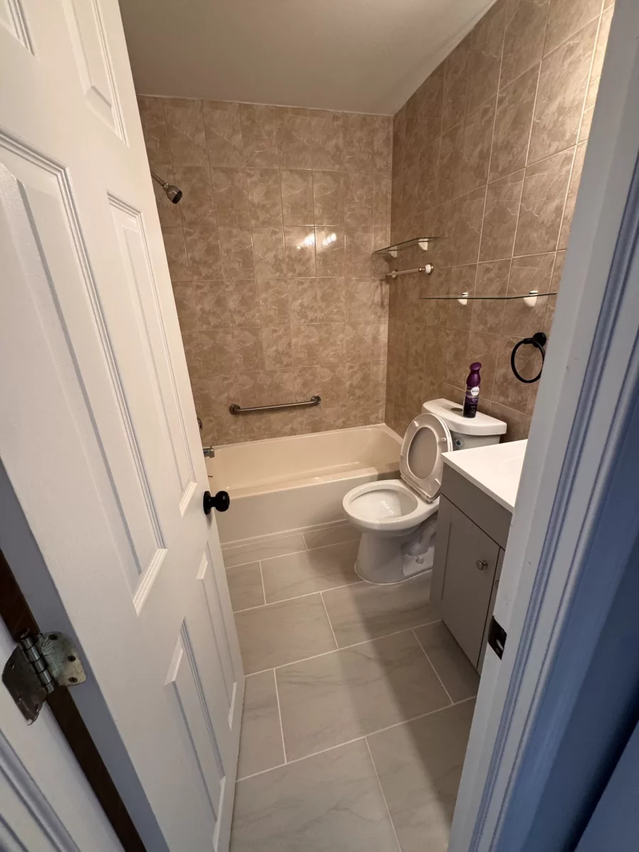 View into the bathroom through a six-panel door
