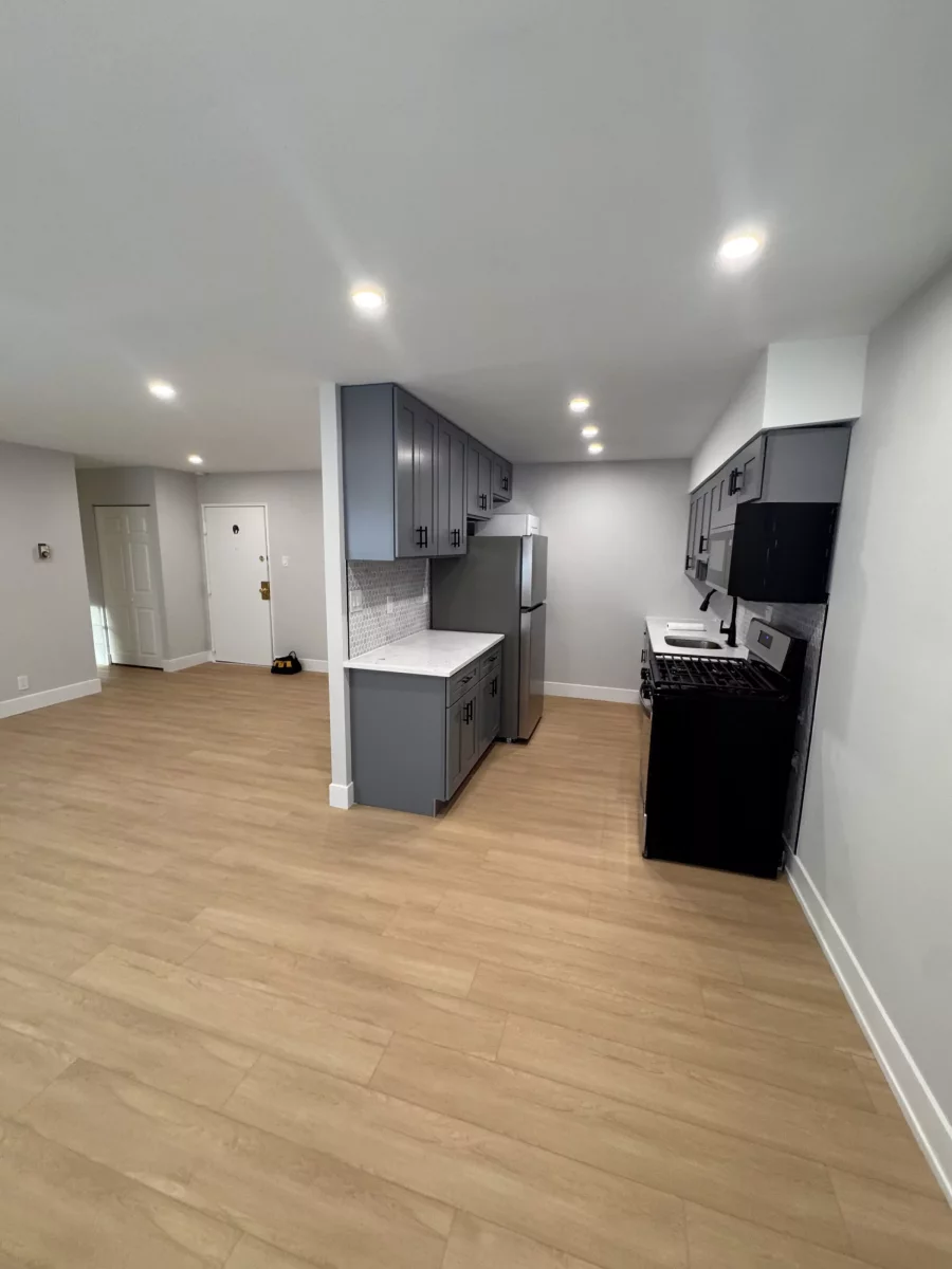 Open living space with the new gray kitchen, recessed lighting and light wood-look flooring