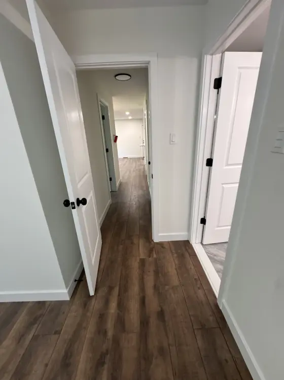 Hallway with dark wood-look flooring and white doors
